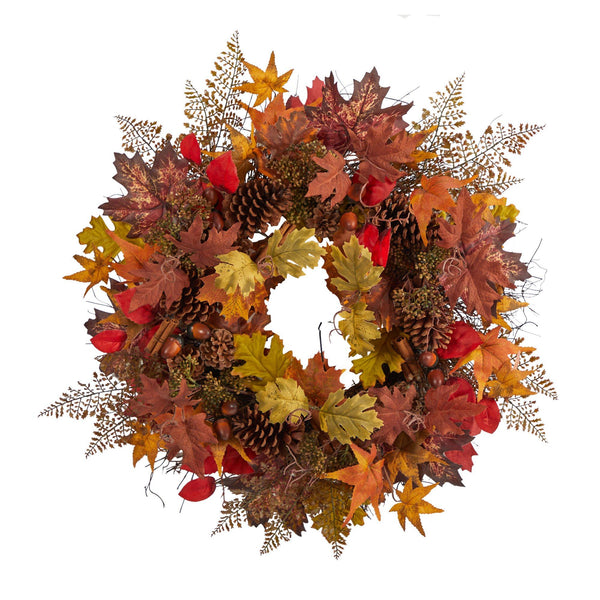 30” Autumn Maple Leaves, Acorn, Pinecones and Cinnamon Sticks Artificial Fall Wreath