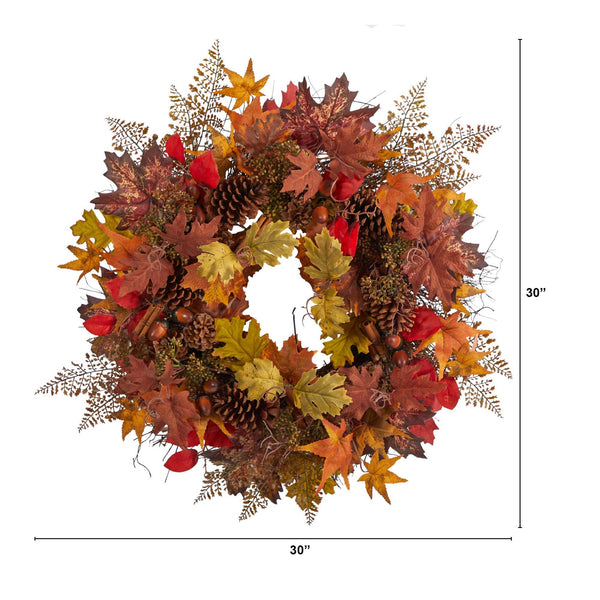 30” Autumn Maple Leaves, Acorn, Pinecones and Cinnamon Sticks Artificial Fall Wreath