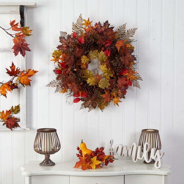 30” Autumn Maple Leaves, Acorn, Pinecones and Cinnamon Sticks Artificial Fall Wreath