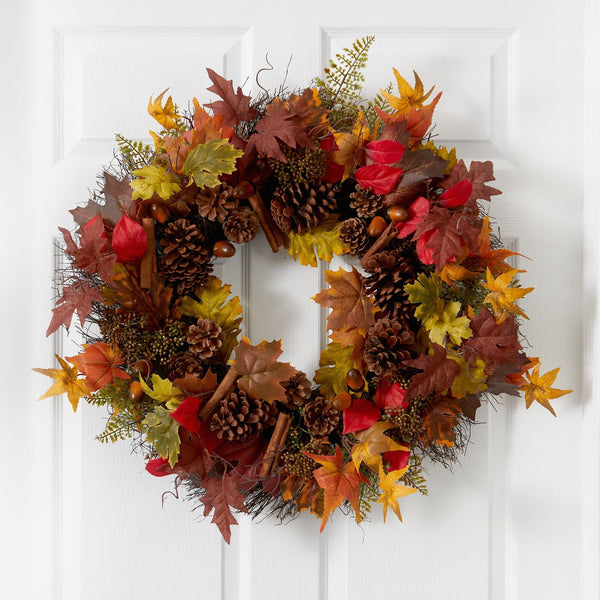 30” Autumn Maple Leaves, Acorn, Pinecones and Cinnamon Sticks Artificial Fall Wreath