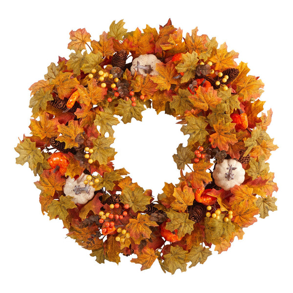 30” Autumn Pumpkin and Maple Leaf Artificial Fall Wreath