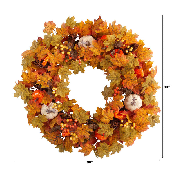 30” Autumn Pumpkin and Maple Leaf Artificial Fall Wreath