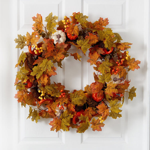30” Autumn Pumpkin and Maple Leaf Artificial Fall Wreath