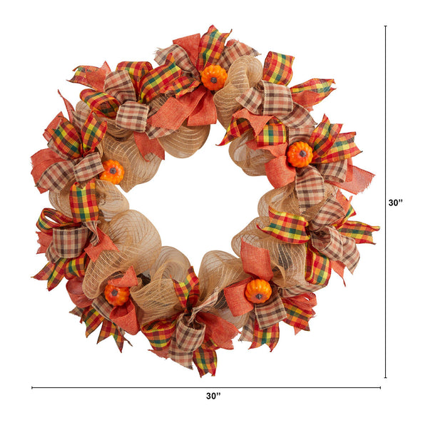 30” Autumn Pumpkin with Decorative Bows Artificial Fall Wreath