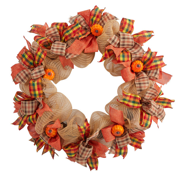 30” Autumn Pumpkin with Decorative Bows Artificial Fall Wreath