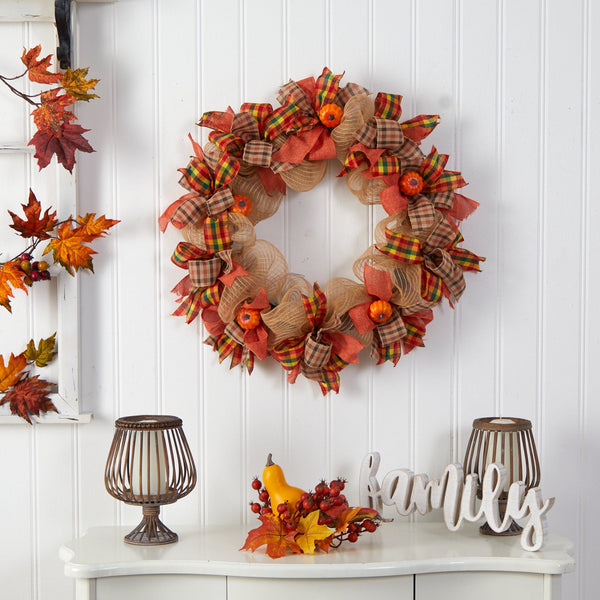 30” Autumn Pumpkin with Decorative Bows Artificial Fall Wreath