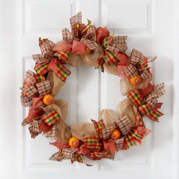 30” Autumn Pumpkin with Decorative Bows Artificial Fall Wreath