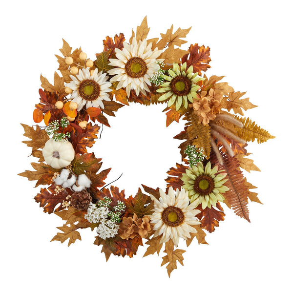 30” Autumn Sunflower, White Pumpkin and Berries Artificial Fall Wreath