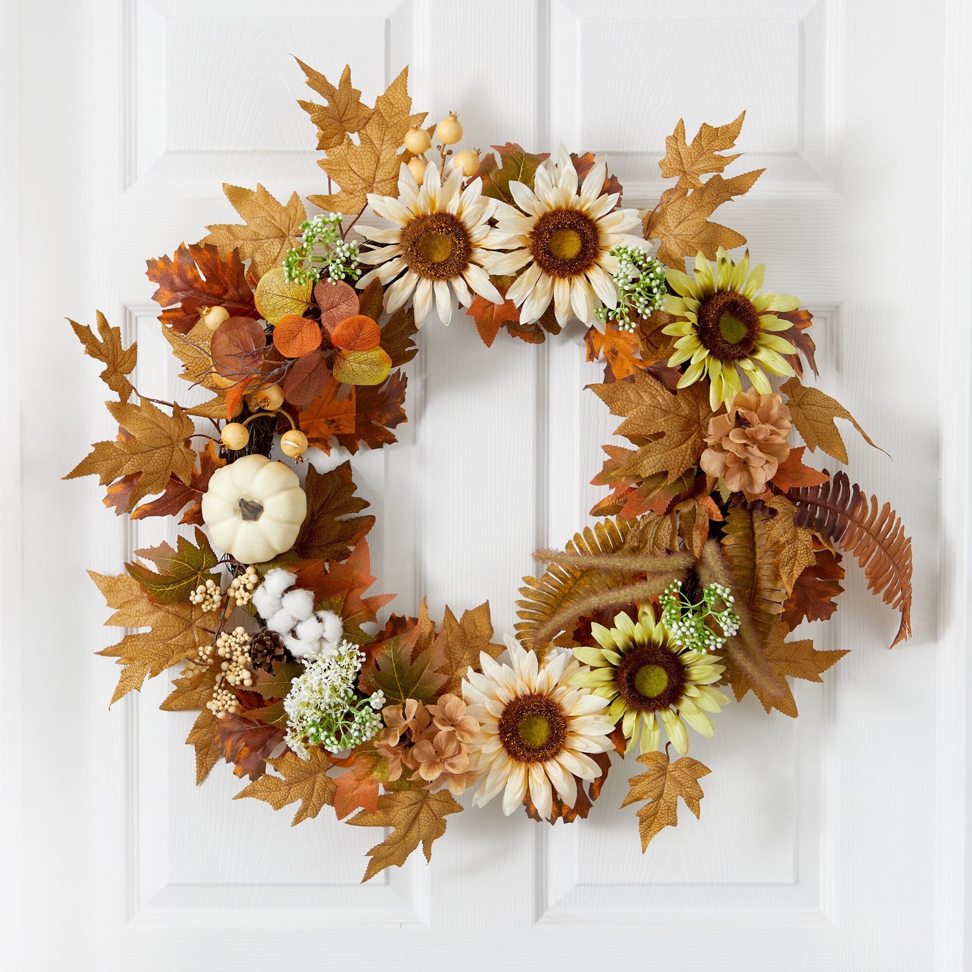 30” Autumn Sunflower, White Pumpkin and Berries Artificial Fall