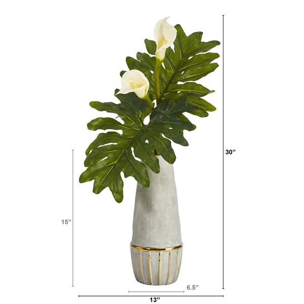 30” Calla Lily Artificial Arrangement in Stoneware Oval Vase with Gold Trimming
