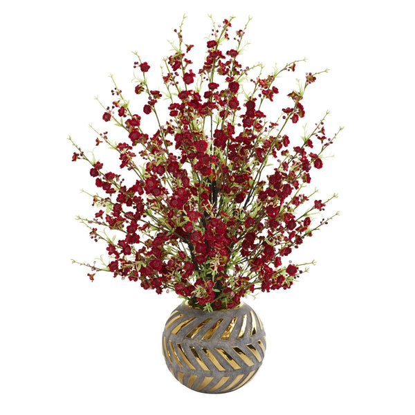 30” Cherry Blossom Artificial Arrangement in Stoneware Vase with Gold Trimming