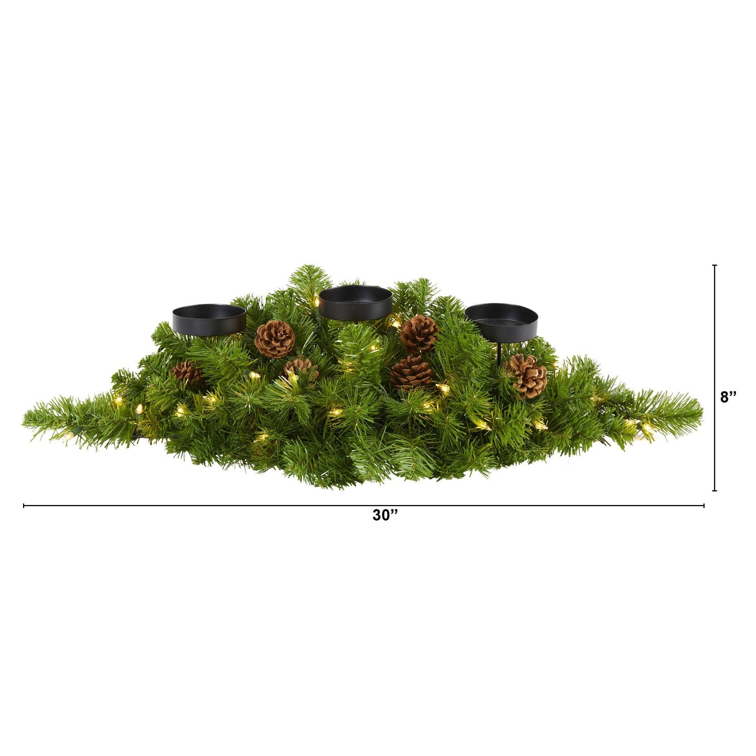 30” Christmas Artificial Pine Triple Candelabrum with 35 Clear Lights and Pine Cones