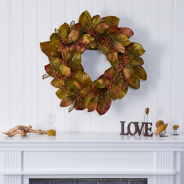 30” Fall Magnolia Leaf and Berries Artificial Wreath