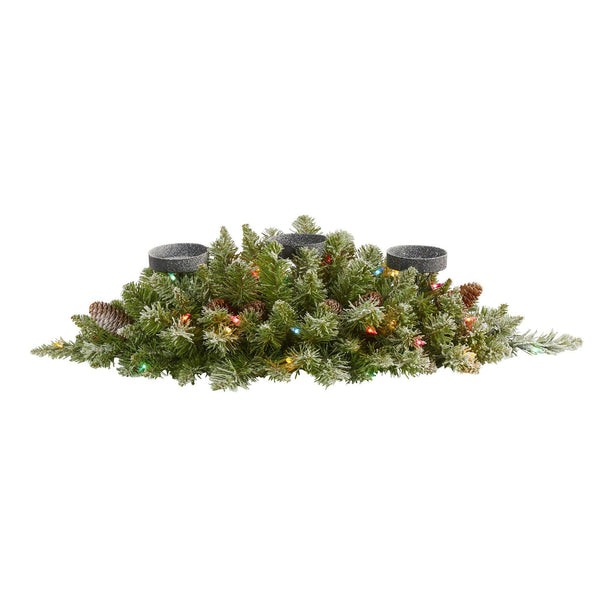 30” Flocked Artificial Christmas Triple Candelabrum with 35 Multicolored Lights and Pine Cones