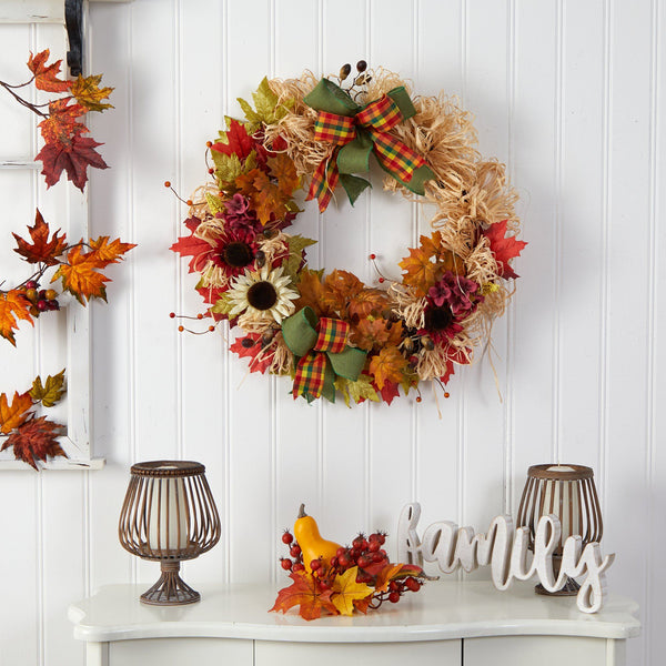 30” Harvest Autumn Sunflower, Maple Leaves and Berries Artificial Fall Wreath with Decorative Bows