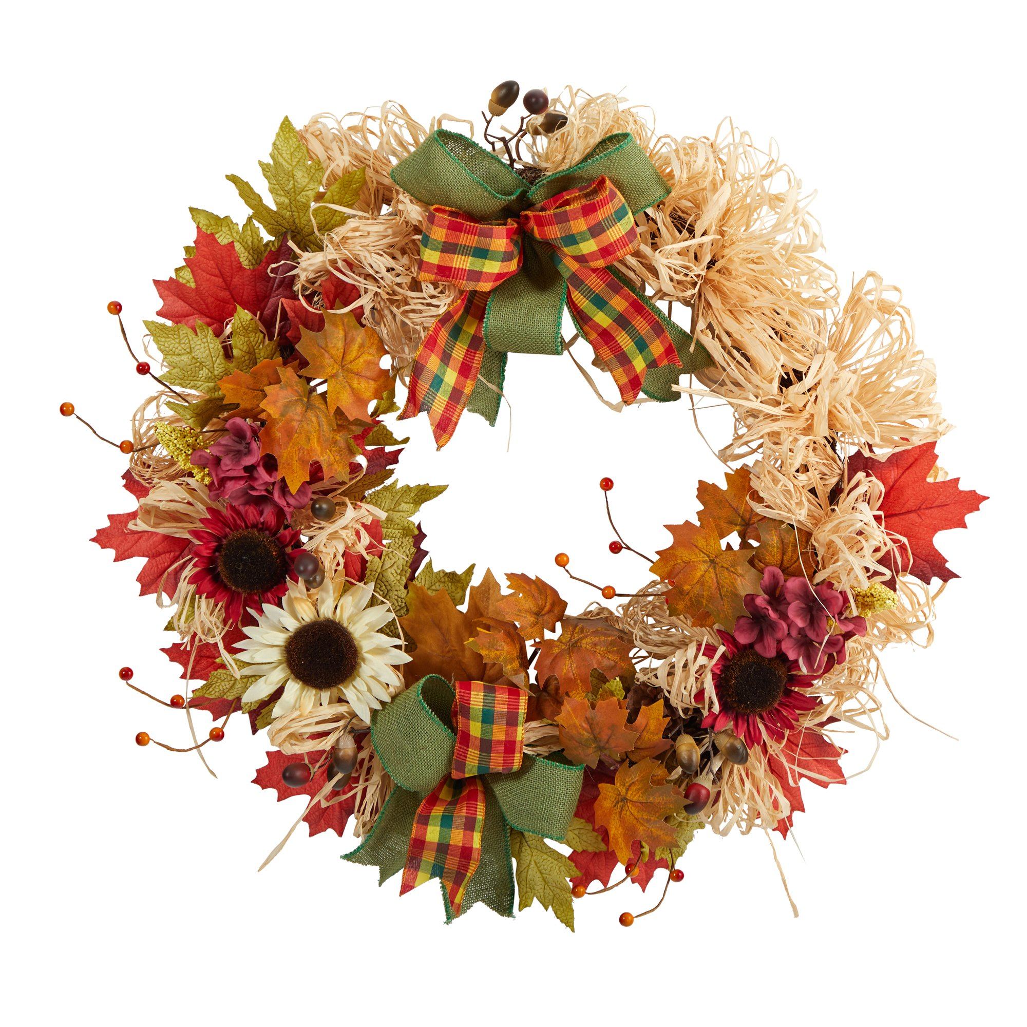 30” Harvest Autumn Sunflower, Maple Leaves and Berries Artificial Fall ...