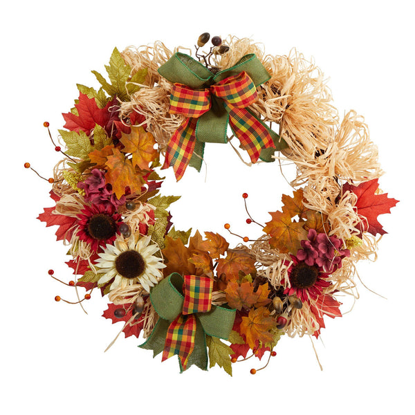 30” Harvest Autumn Sunflower, Maple Leaves and Berries Artificial Fall Wreath with Decorative Bows
