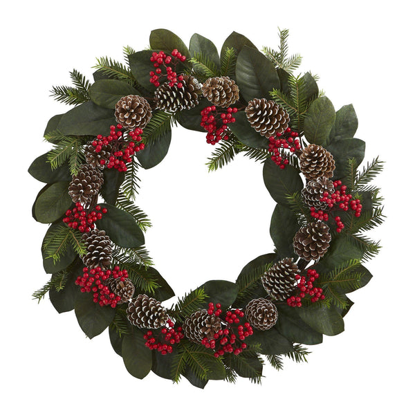 30” Magnolia Leaf, Berry, Pine and Pine Cone Artificial Wreath