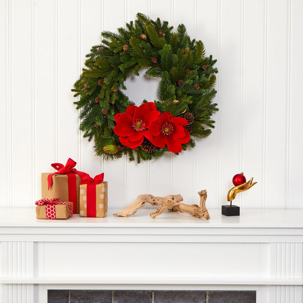 30” Magnolia, Pine and Pinecone Artificial Wreath
