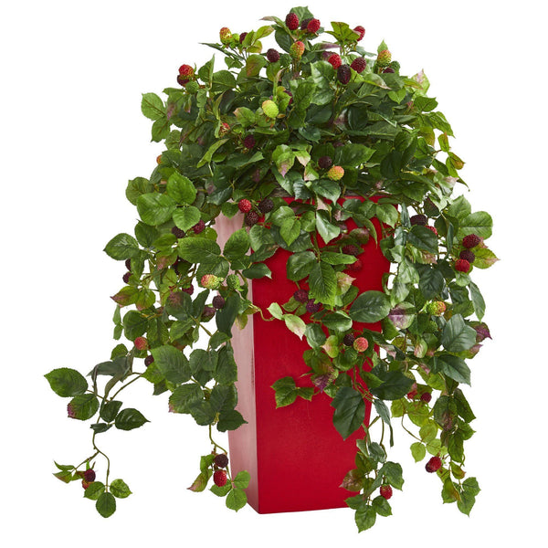 30” Rasberry Artificial Plant in Red Tower Planter
