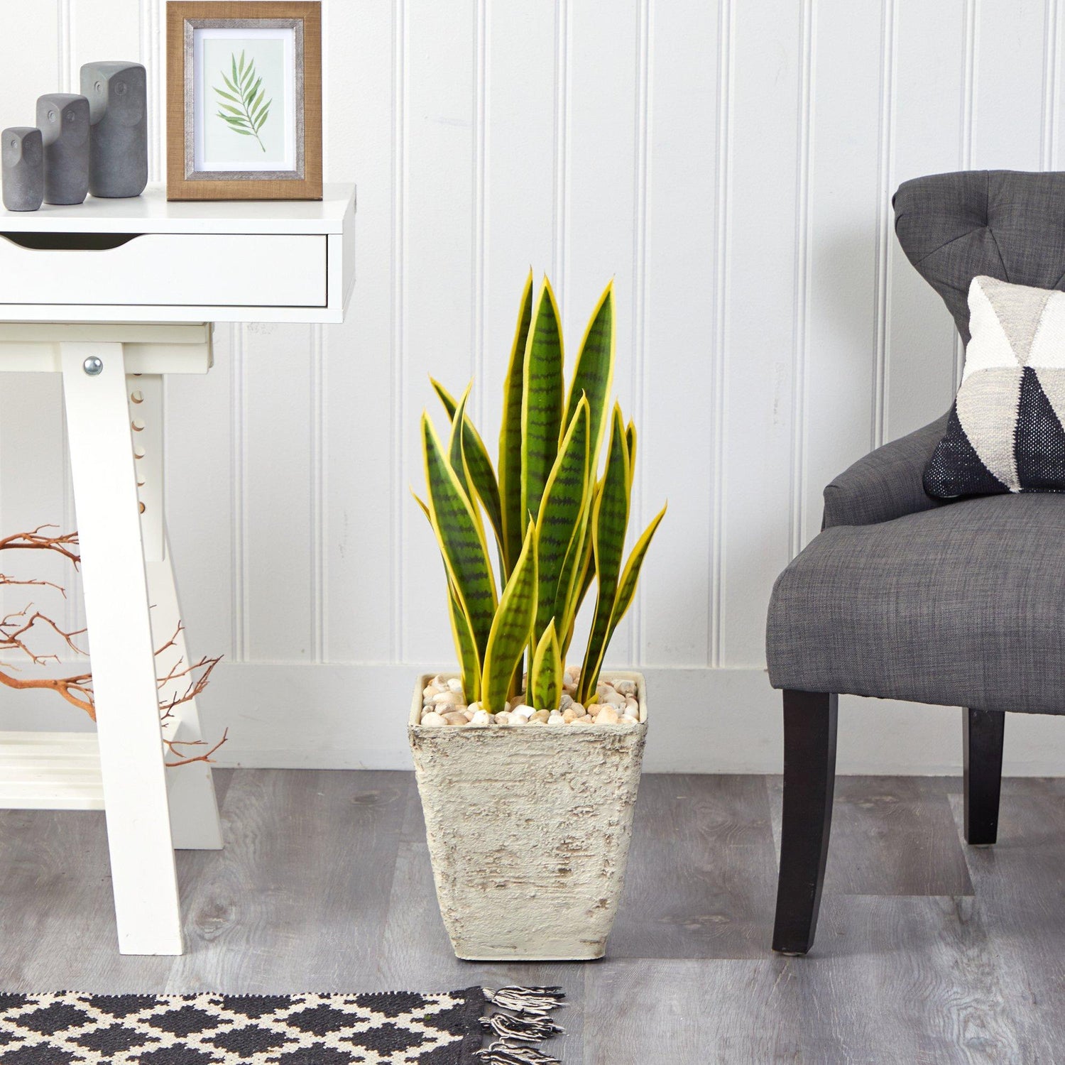 30” Sansevieria Artificial Plant in Country White Planter