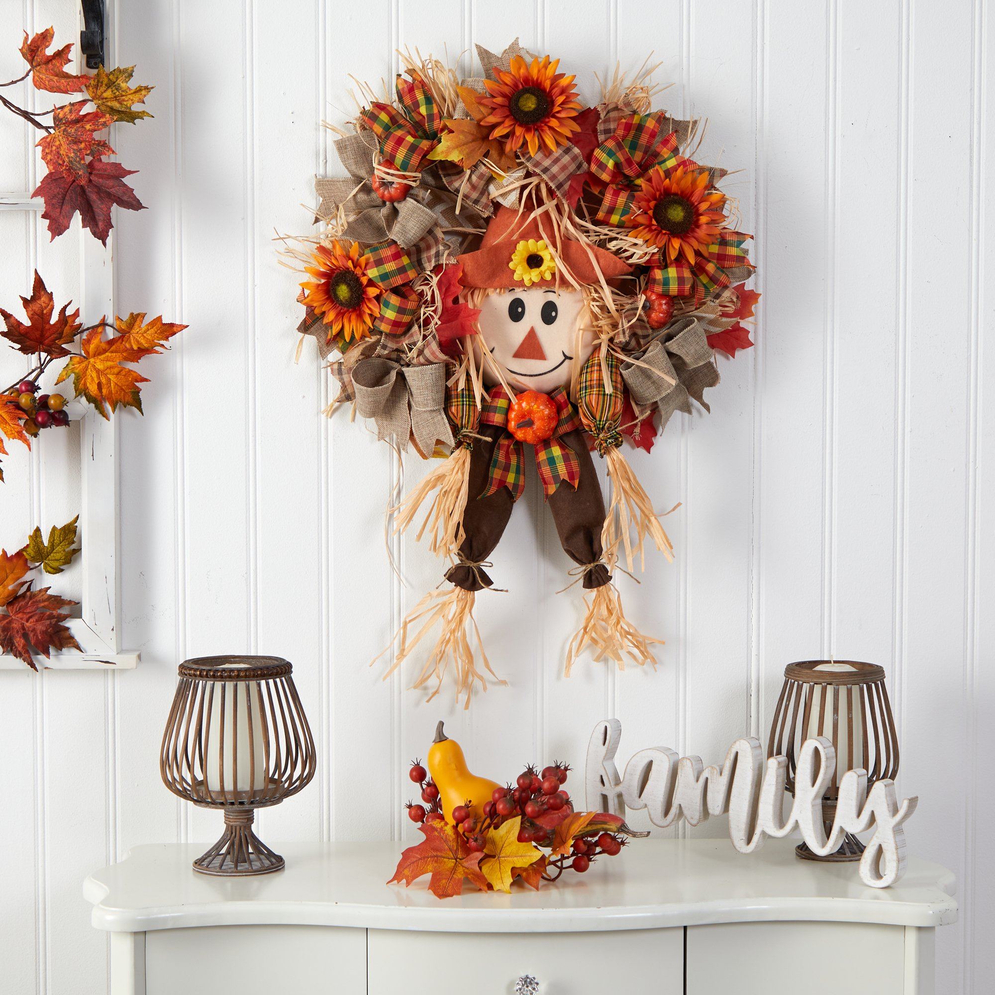 30” Scarecrow Fall Artificial Autumn Wreath with Sunflower