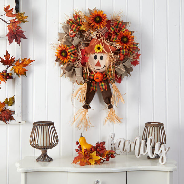 30” Scarecrow Fall Artificial Autumn Wreath with Sunflower, Pumpkin and Decorative Bows