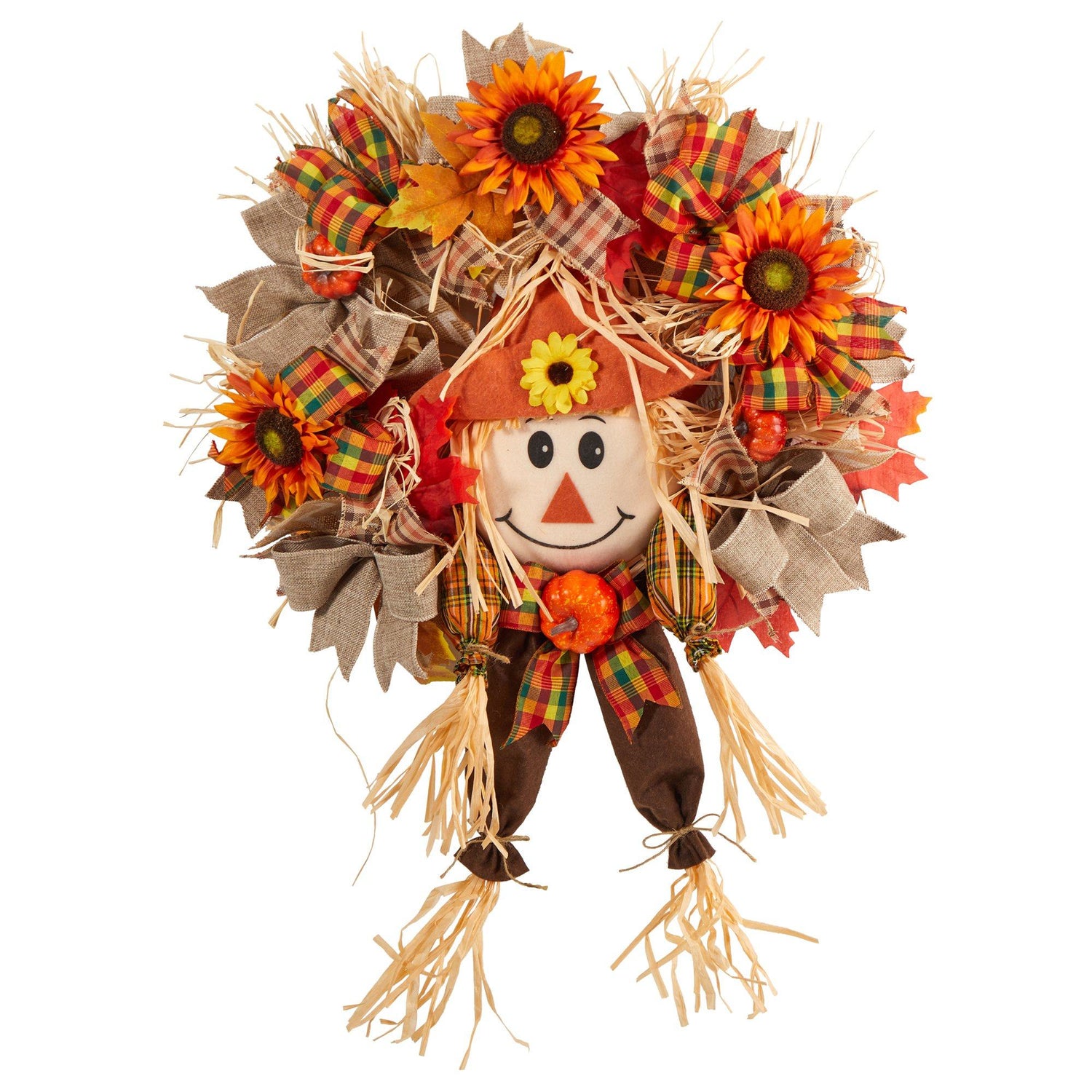 30” Scarecrow Fall Artificial Autumn Wreath with Sunflower, Pumpkin and Decorative Bows