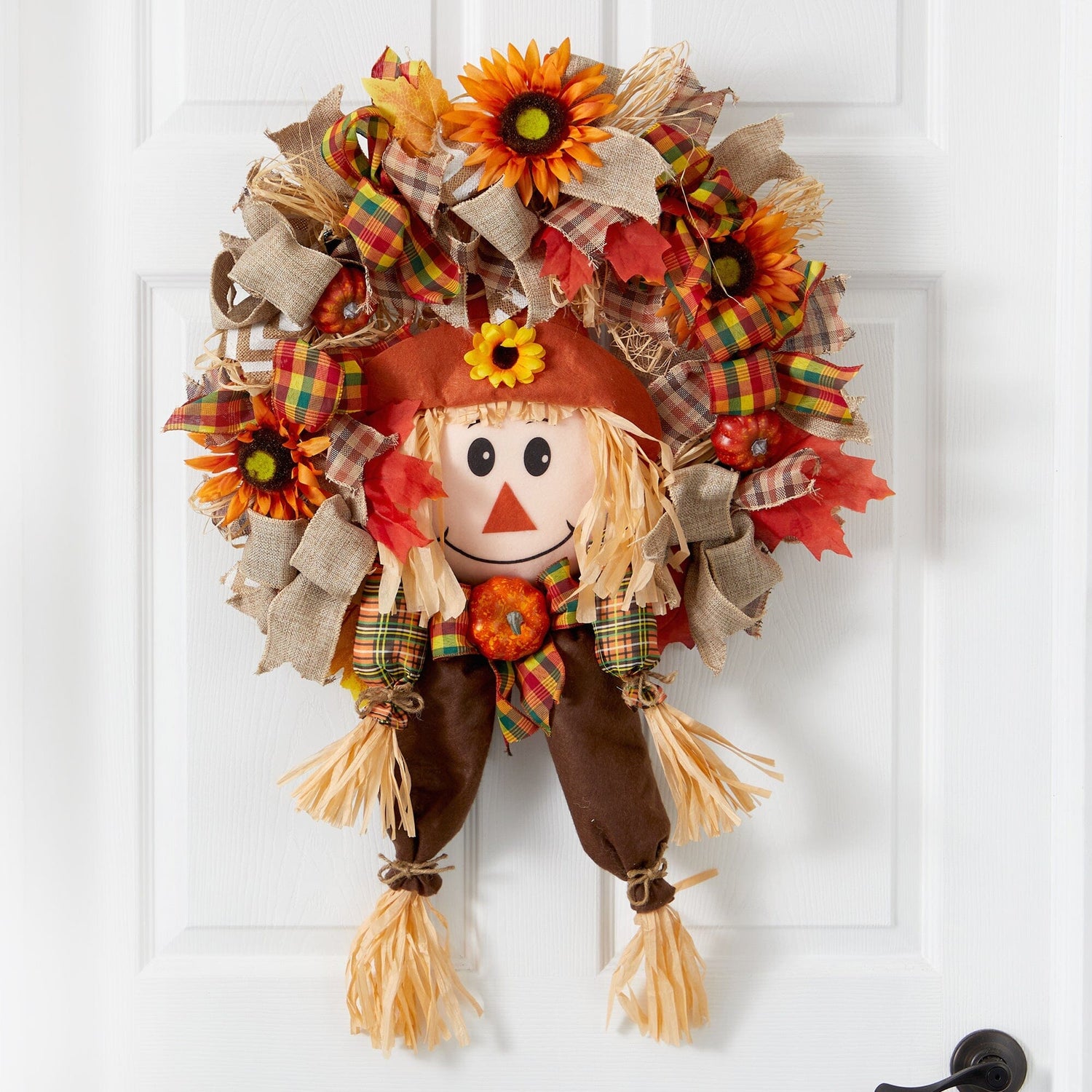 30” Scarecrow Fall Artificial Autumn Wreath with Sunflower, Pumpkin and Decorative Bows