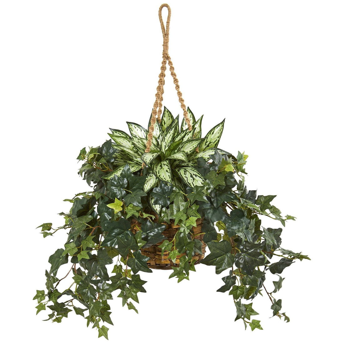 hanging plant with silver leaves 30” Silver Queen and Ivy Artificial Plant in Hanging Basket