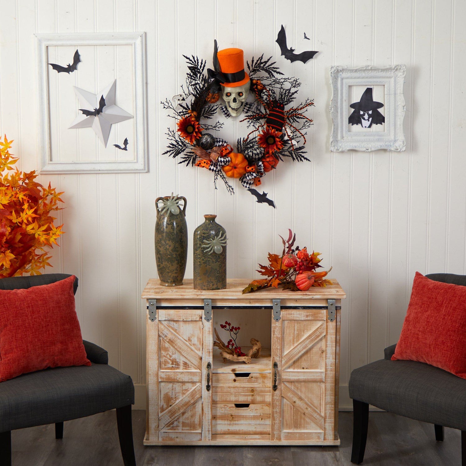 30” Spider and Skull with Top Hat Halloween Wreath
