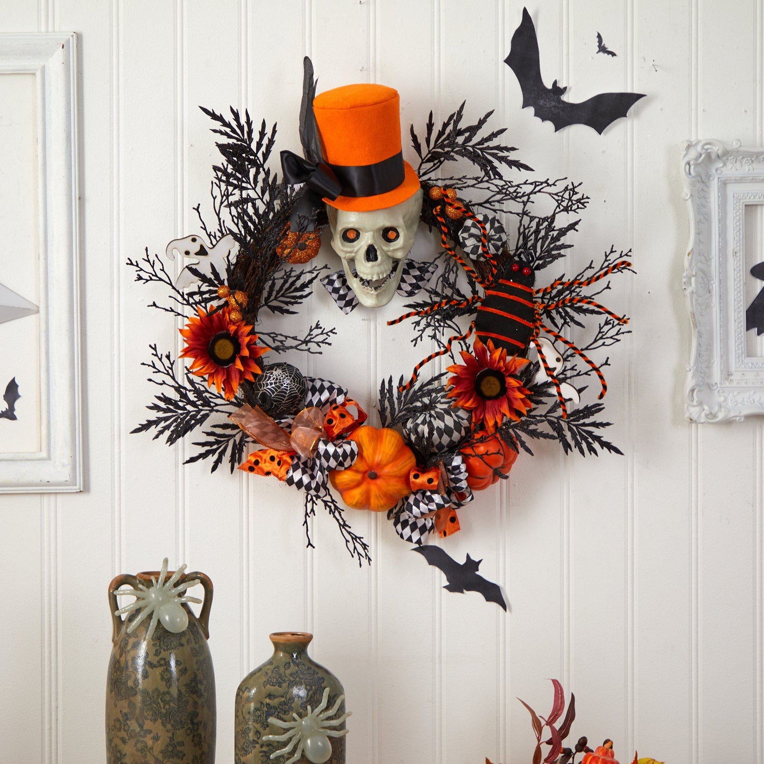 30” Spider and Skull with Top Hat Halloween Wreath