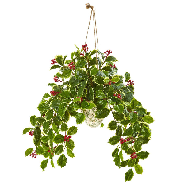 30” Variegated Holly Berry Artificial Plant in Hanging Vase (Real Touch)