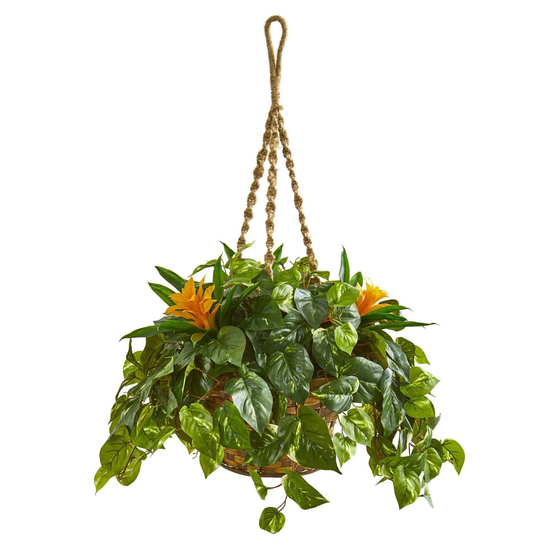 tropical hanging basket plants 31” Bromeliad & Pothos Artificial Plant in Hanging Basket