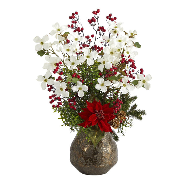 31” Poinsettia, Dogwood and Berry Artificial Arrangement in Designer Vase