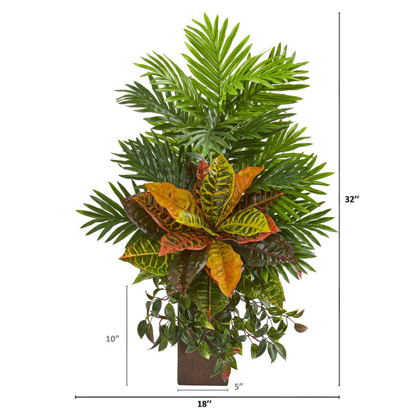 32” Areca Palm and Croton Artificial Plant in Weathered Vase