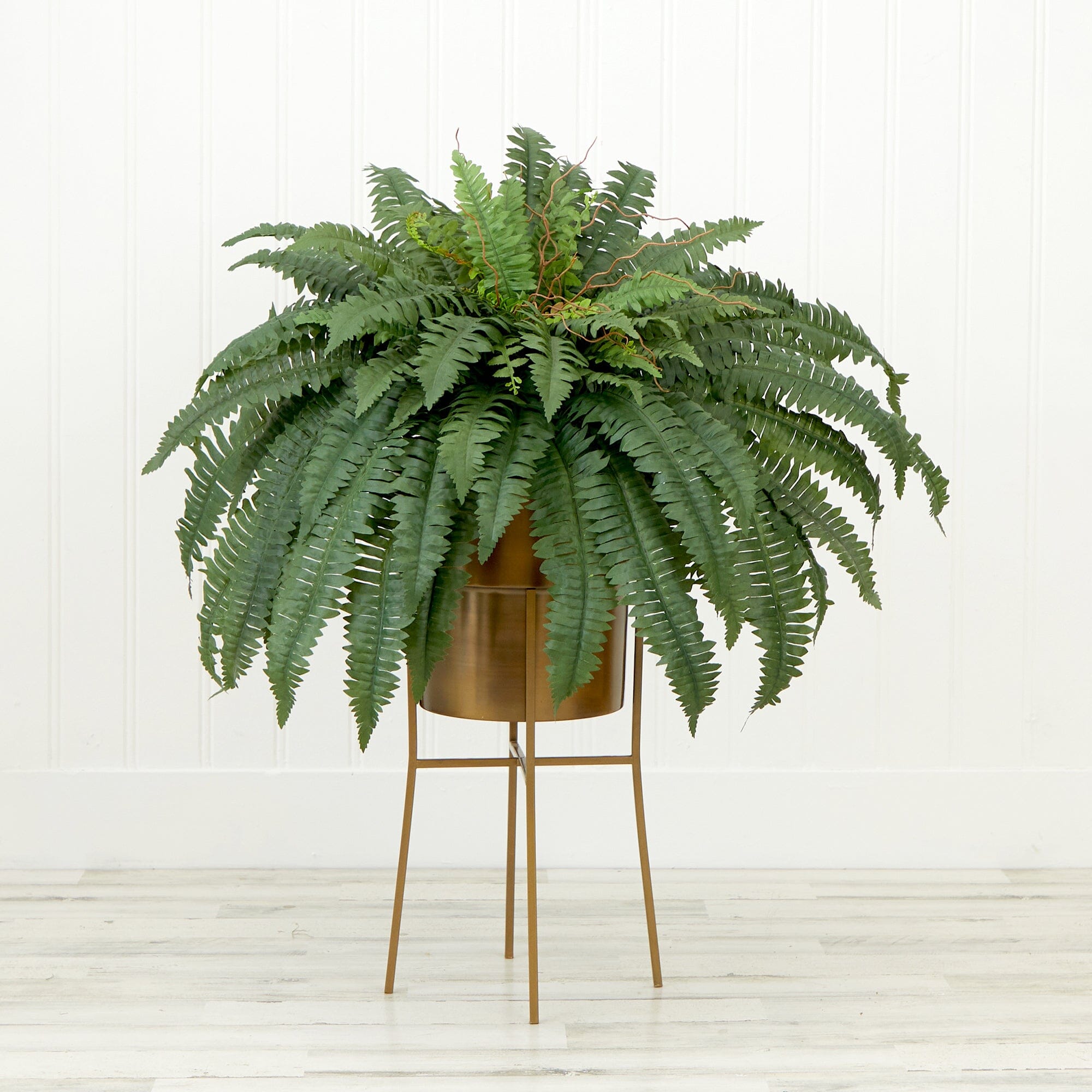 Nearly Natural 23” Artificial Boston Fern DIY Kit - Fake Plant + Bronze Metal Planter (No Watering Needed!)