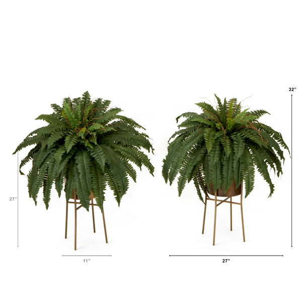 32” Artificial Boston Fern Plant with Metal Planter with Stand DIY KIT - Set of 2