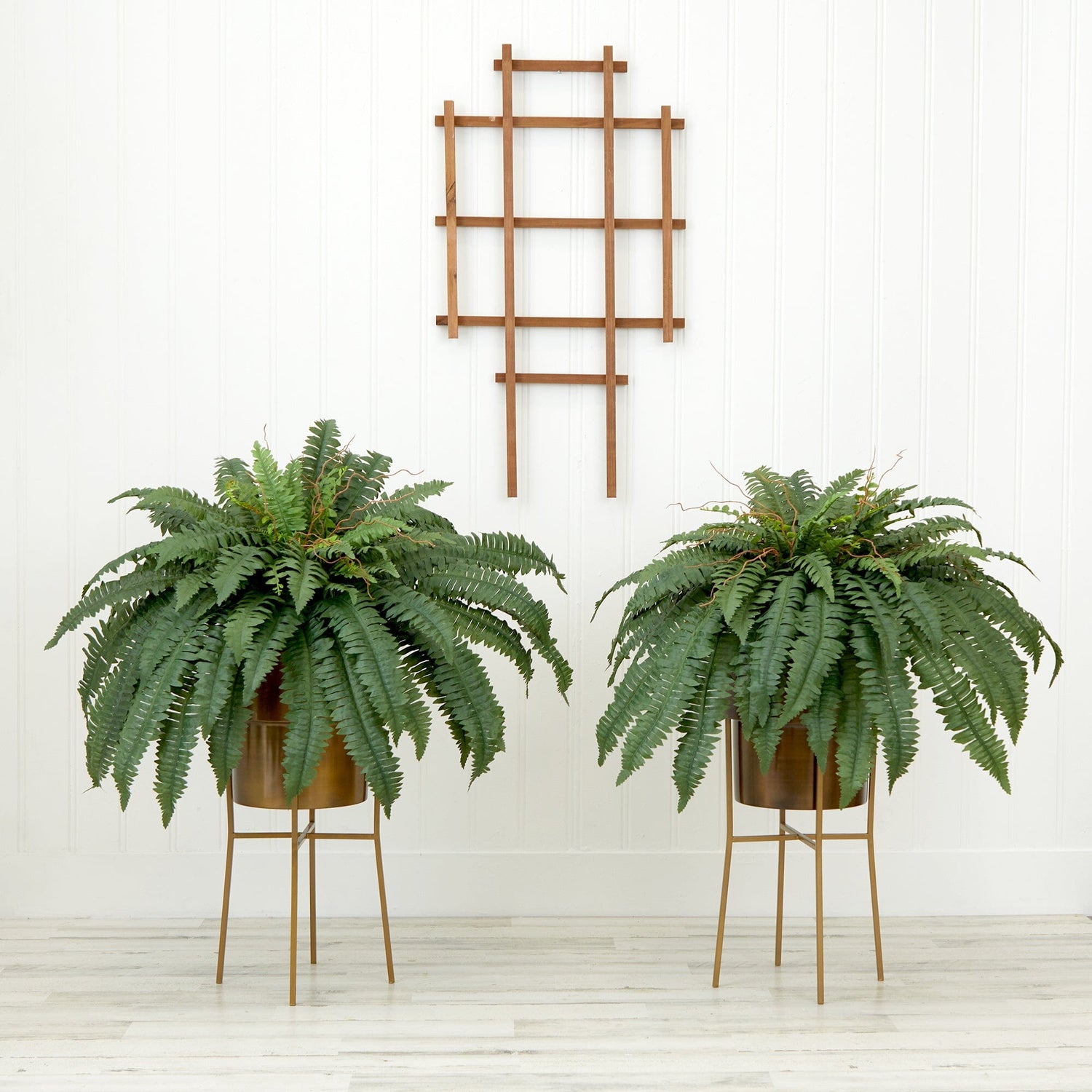 32” Artificial Boston Fern Plant with Metal Planter with Stand DIY KIT - Set of 2