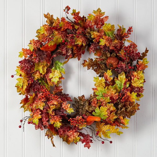 32” Autumn Oak Leaf, Berries and Pumpkin Artificial Autumn Wreath