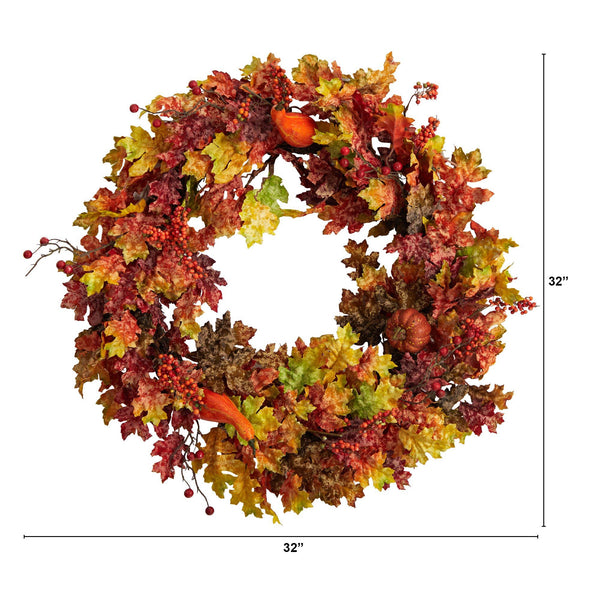 32” Autumn Oak Leaf, Berries and Pumpkin Artificial Autumn Wreath