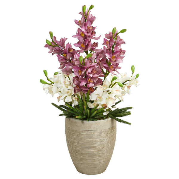 32” Cymbidium Orchid and Cactus Succulent Artificial Arrangement in Sand Colored Vase