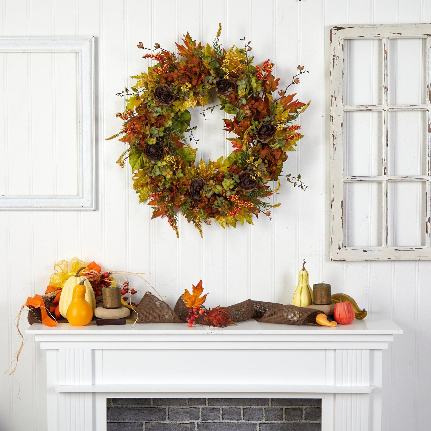 32” Fall Hydrangea, Ranunculus and Maple Leaf Autumn Artificial Wreath