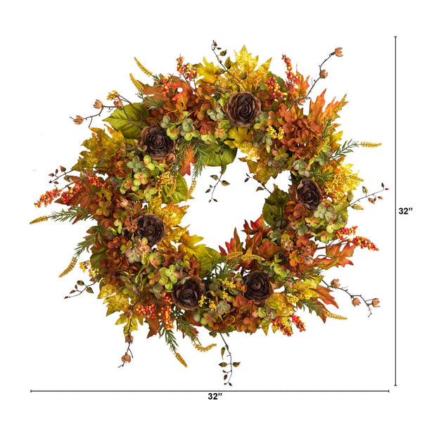 32” Fall Hydrangea, Ranunculus and Maple Leaf Autumn Artificial Wreath