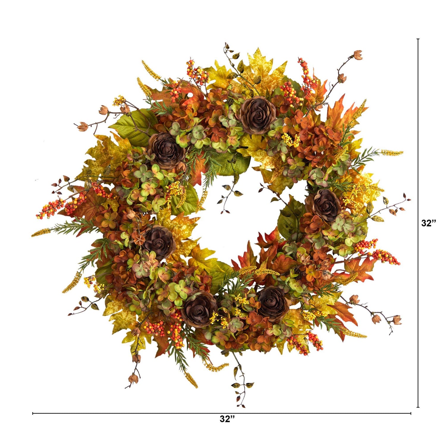 32” Fall Hydrangea, Ranunculus and Maple Leaf Autumn Artificial Wreath