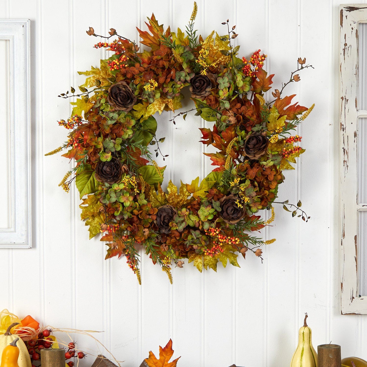 32” Fall Hydrangea, Ranunculus and Maple Leaf Autumn Artificial Wreath