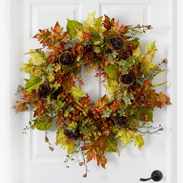 32” Fall Hydrangea, Ranunculus and Maple Leaf Autumn Artificial Wreath