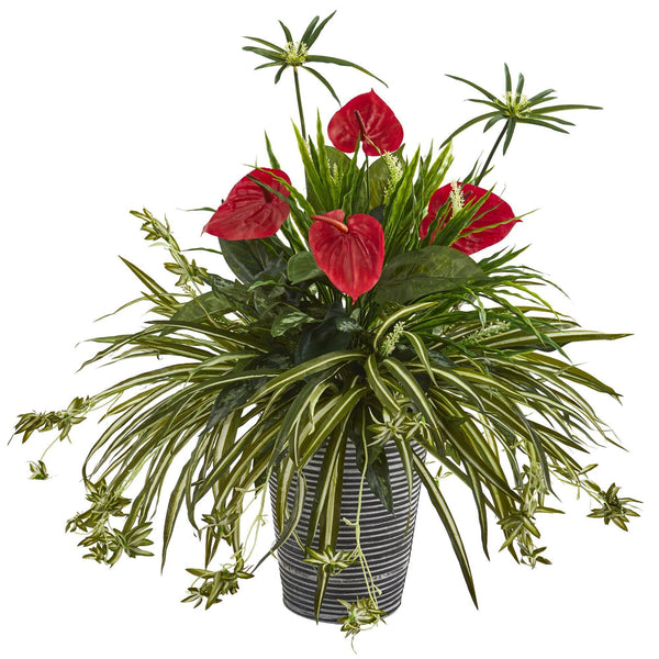 32” Mixed Anthurium and Spider Artificial Plant in Decorative Tin Planter