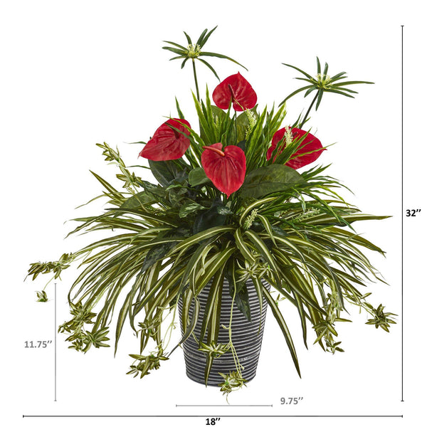 32” Mixed Anthurium and Spider Artificial Plant in Decorative Tin Planter
