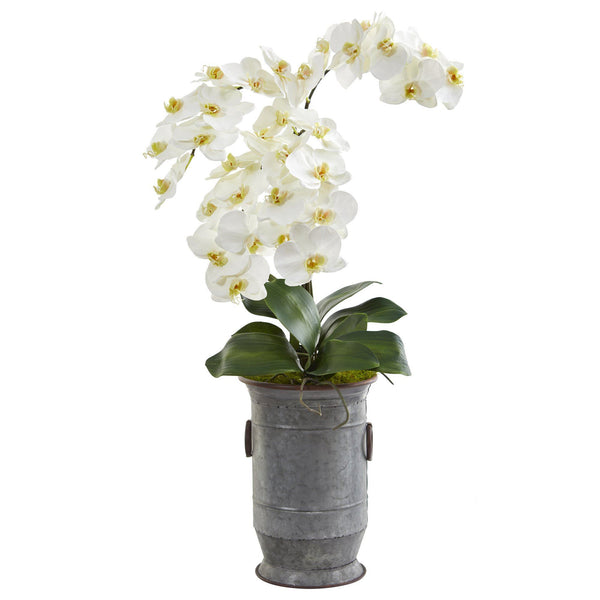 32” Phalaenopsis Orchid Artificial Arrangement in Vintage Metal Planter
